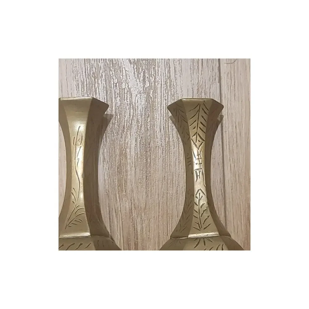 Vintage Chinese‎ Brass Etched Vase Set of 2 Qing Dynasty Style 8